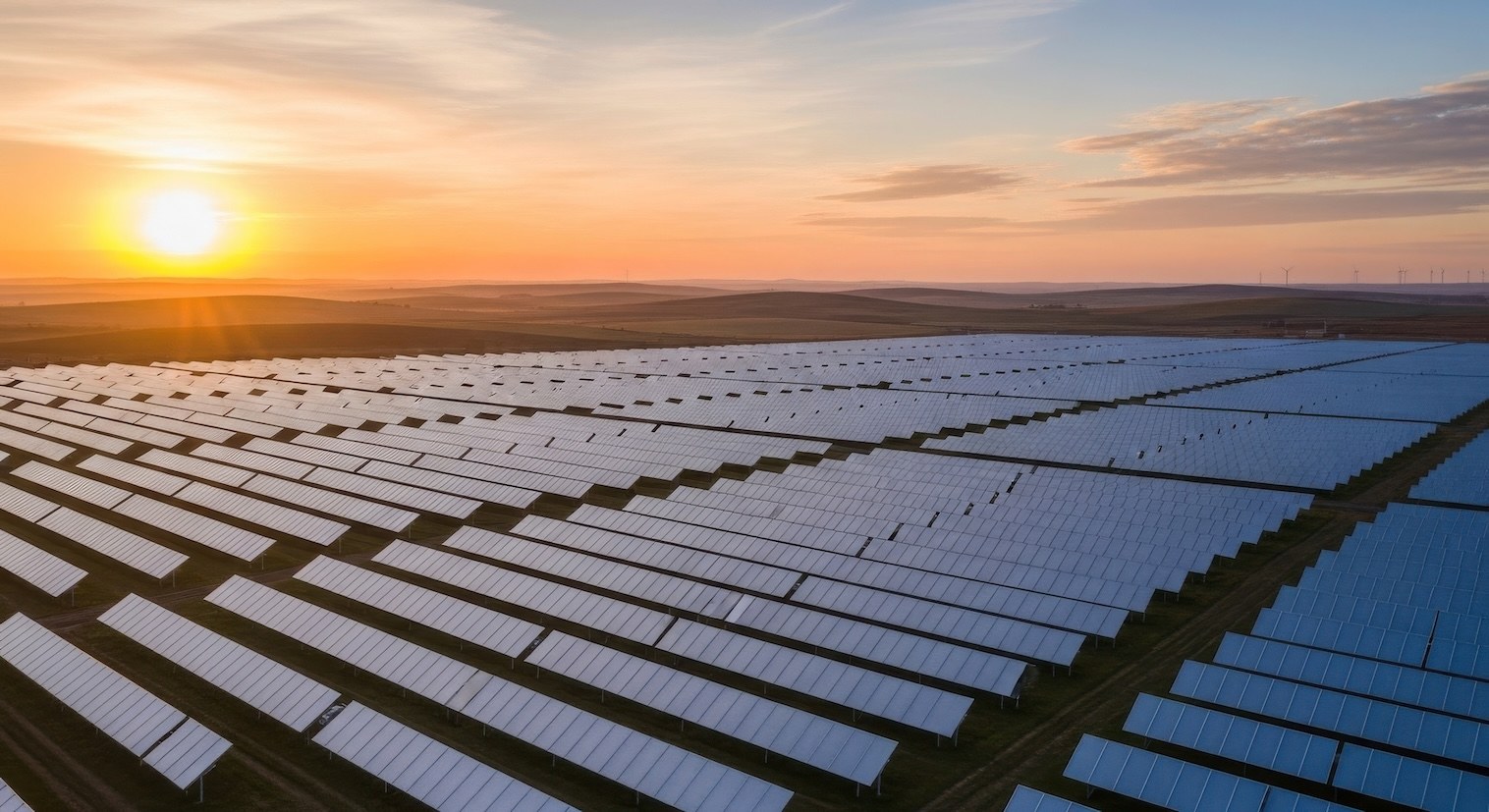 Ground-mounted solar photovoltaic plant at sunset