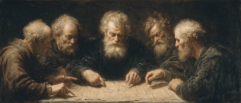 Group of experts studying a map and a plan
