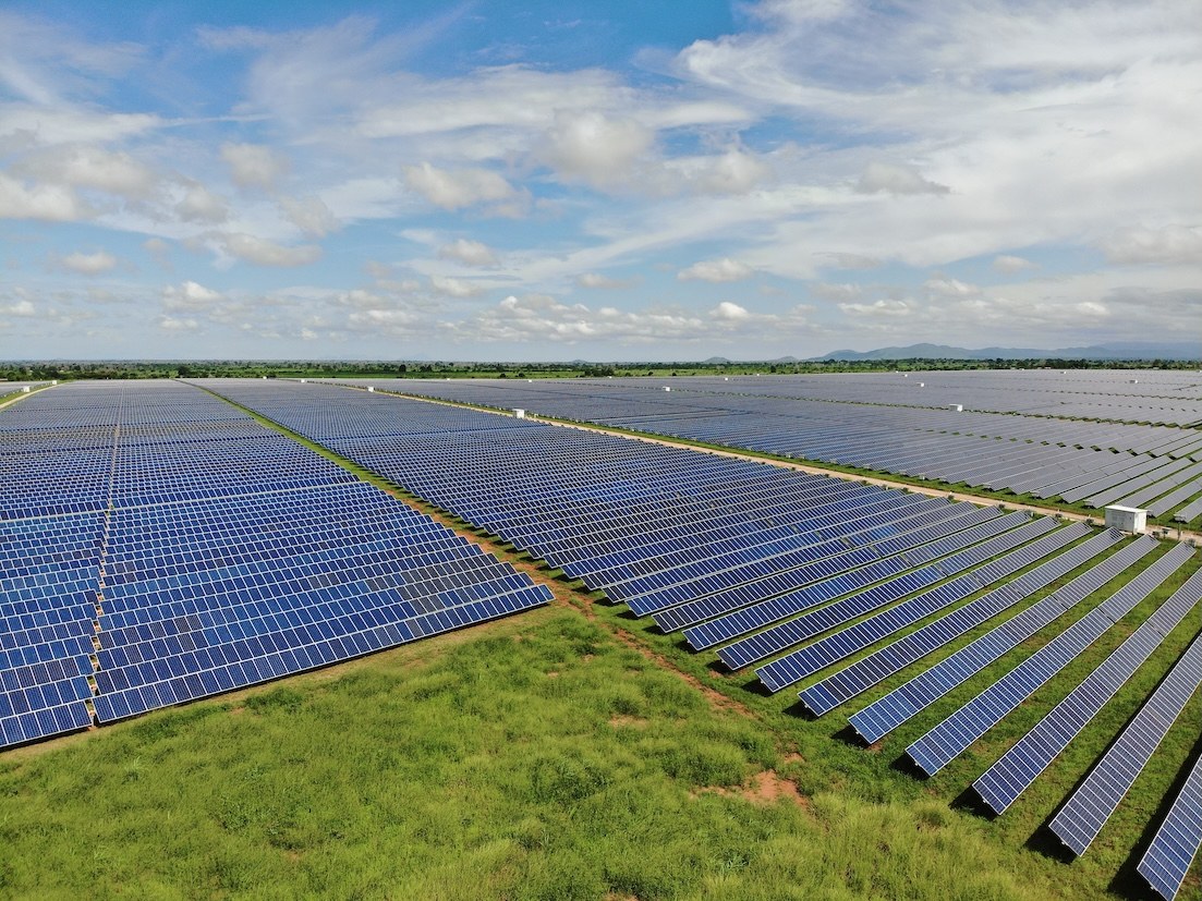 Aerial view of a ground-mounted solar photovoltaic plant